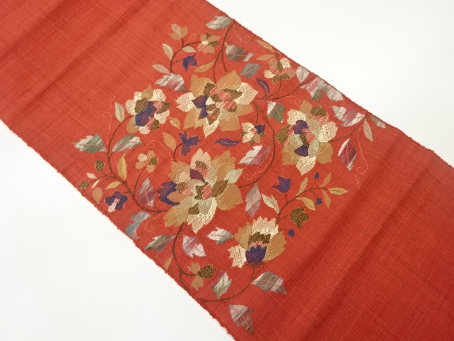 手織り紬花唐草模様織出し名古屋帯